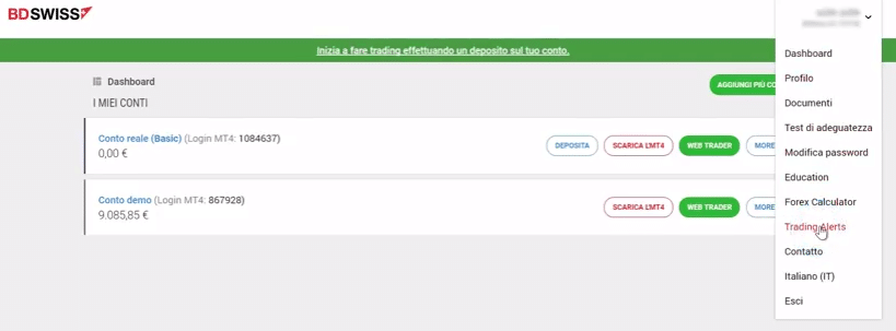 BDSwiss selezione delle notifiche di trading notifiche di trading dal menu a cascata