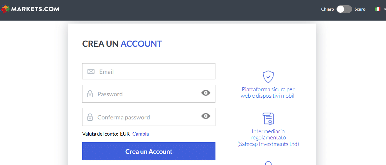 registrazione online registrazione Markets.com