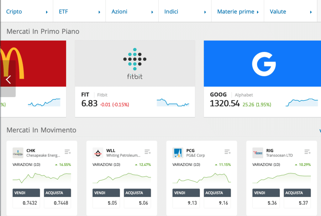 I mercati che offre eToro