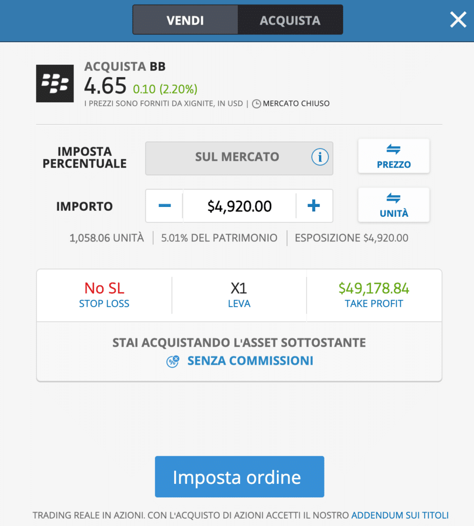 Acquista direttamente azioni Blackberry a zero commissioni