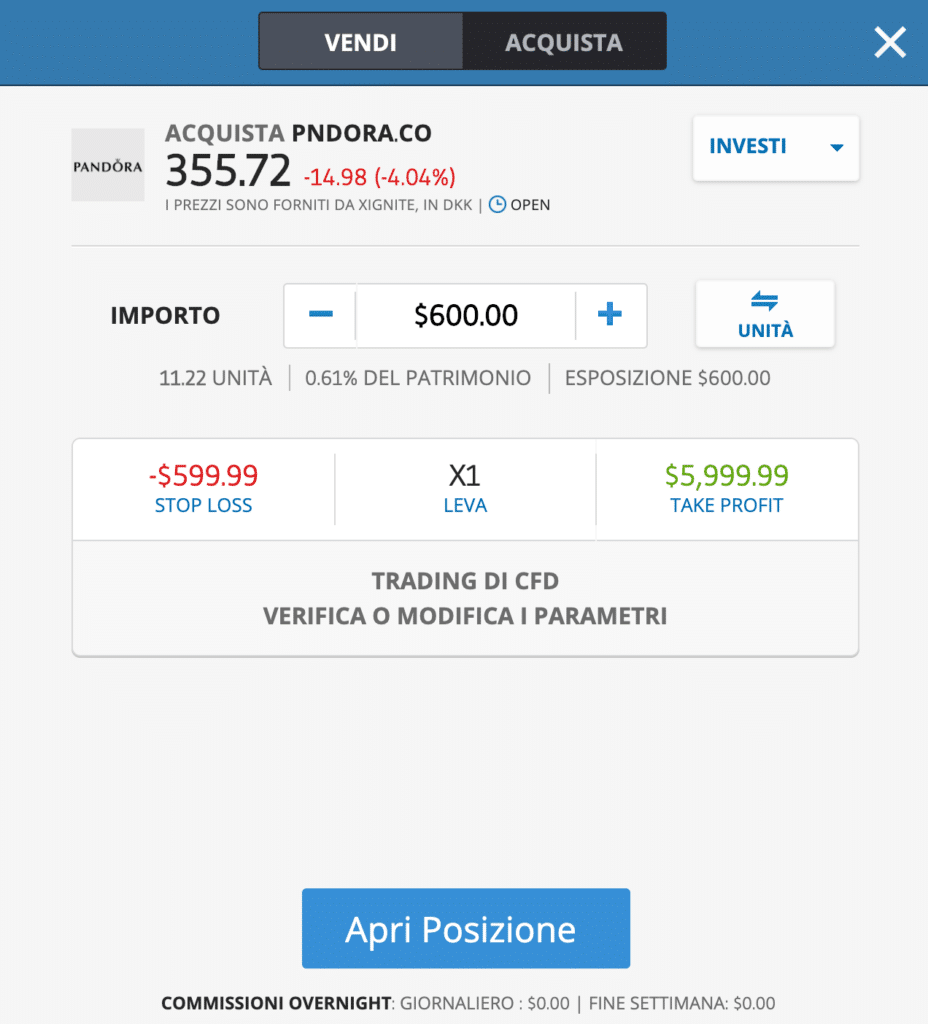 Azioni Pandora: la schermata per comprarle