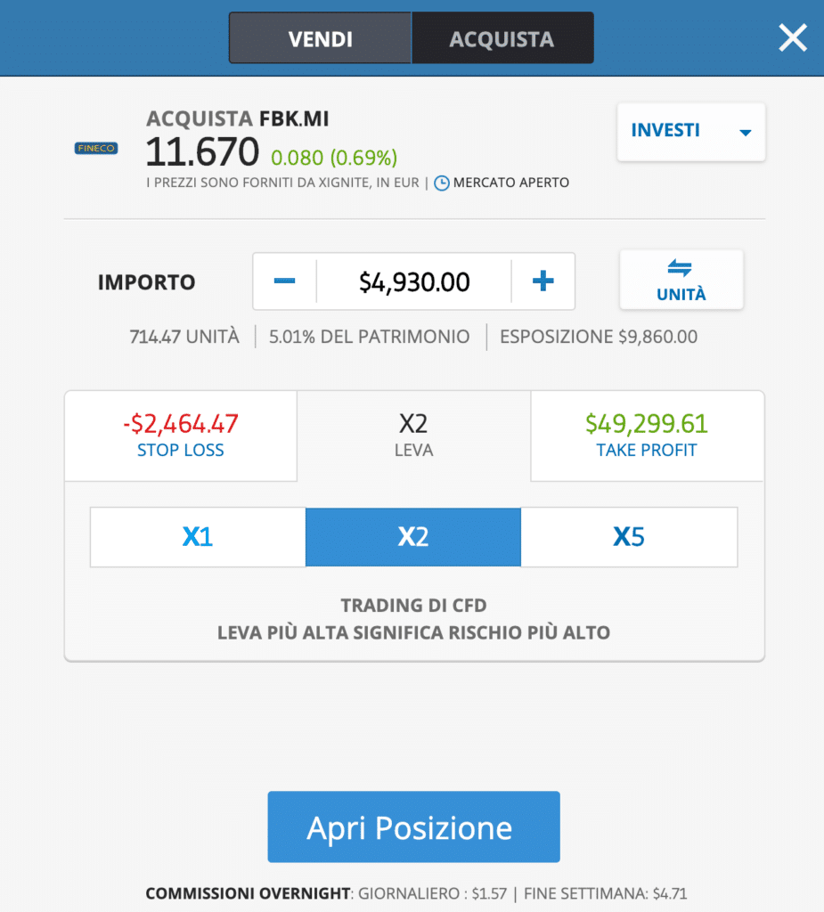 FinecoBank comprare azioni in CFD schermata