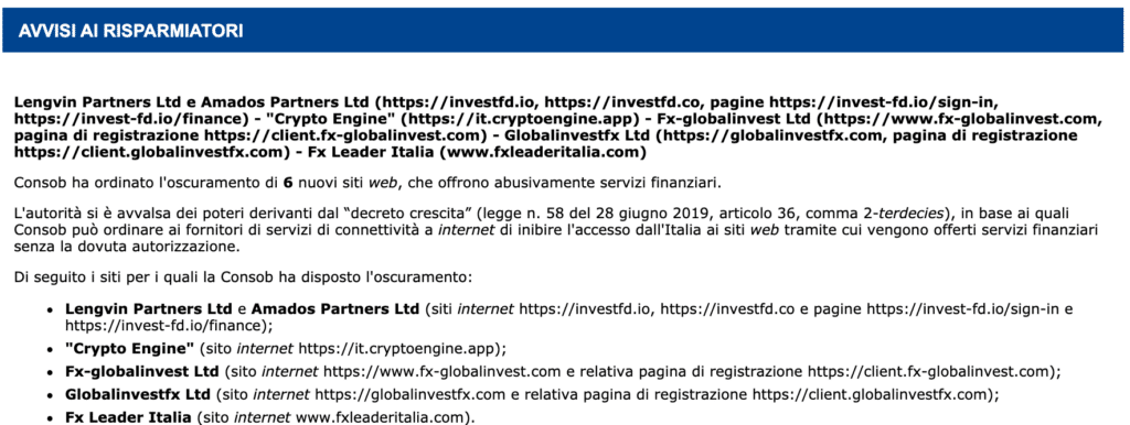 Consob Segnalazione Crypto Engine