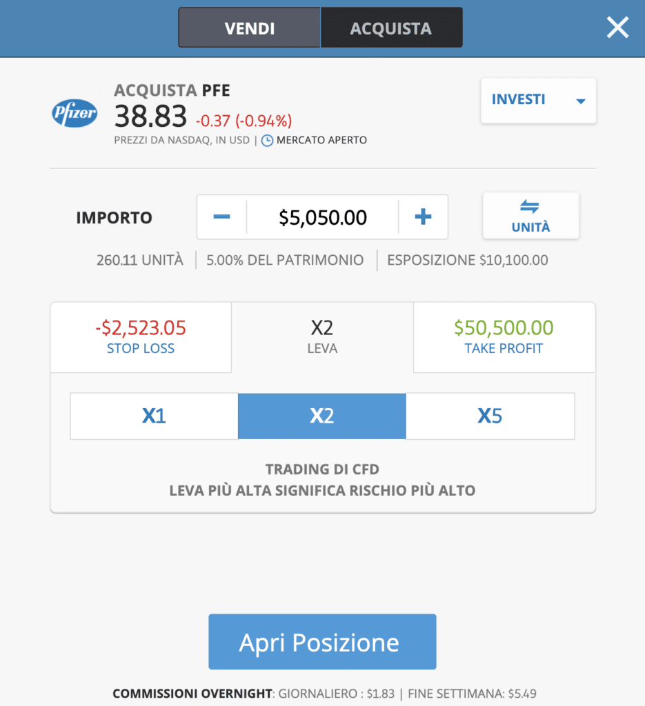 eToro schermata di acquisto azioni CFD