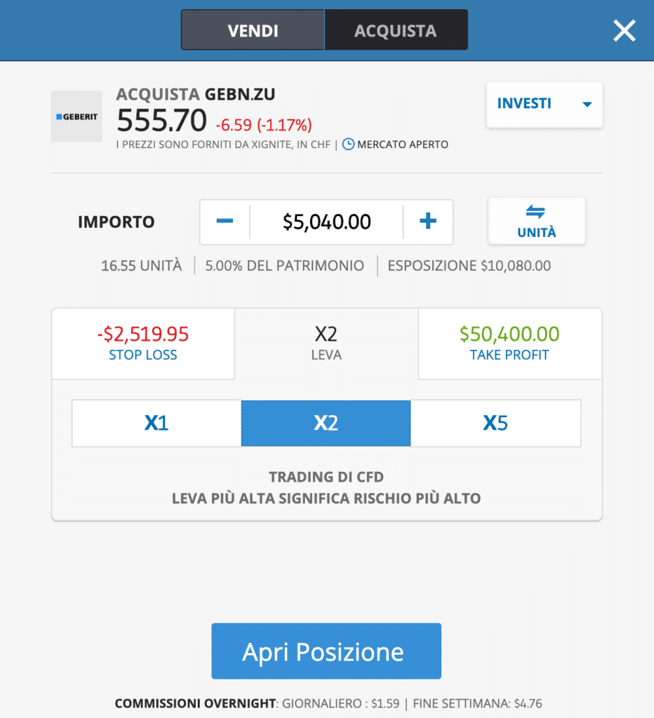 Azioni Geberit compra con CFD - schermata di eToro