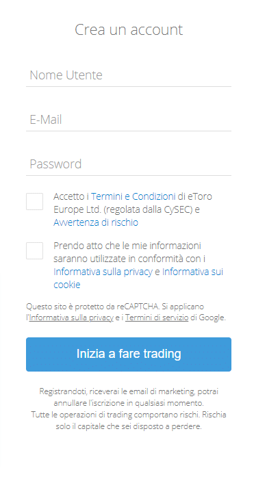 Screenshot della schermata di registrazione su eToro