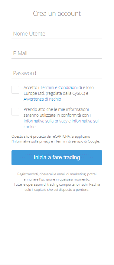 Screenshot della schermata di registrazione su eToro.