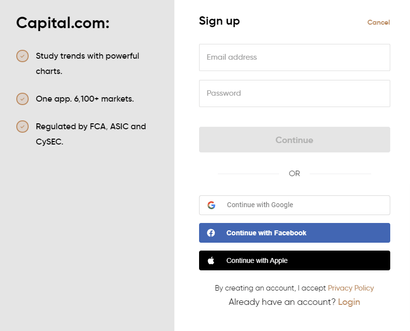 Screenshot della schermata per la registrazione su Capital.com