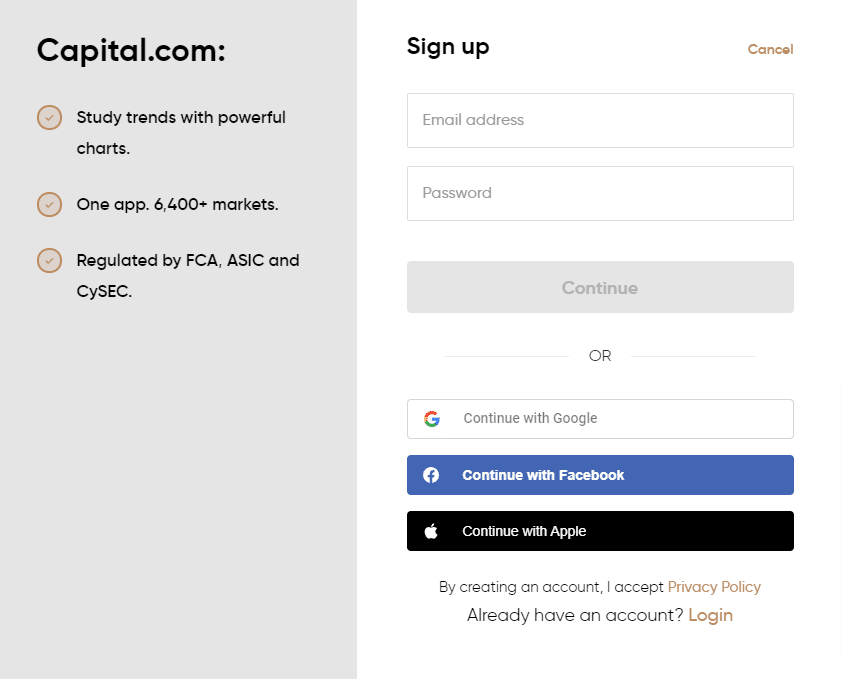 Screenshot della schermata di registrazione su Capital.com