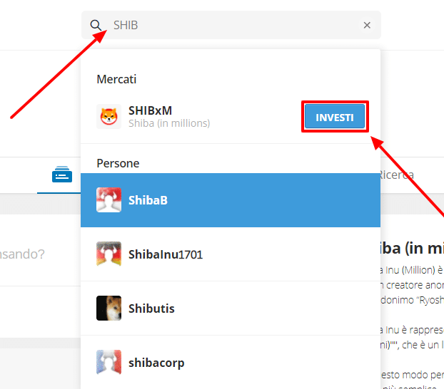 Screenshot della schemrata di eToro della barra di ricerca SHIB