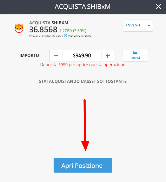 Screenshot della schermata eToro per comprare Shiba Inu coins