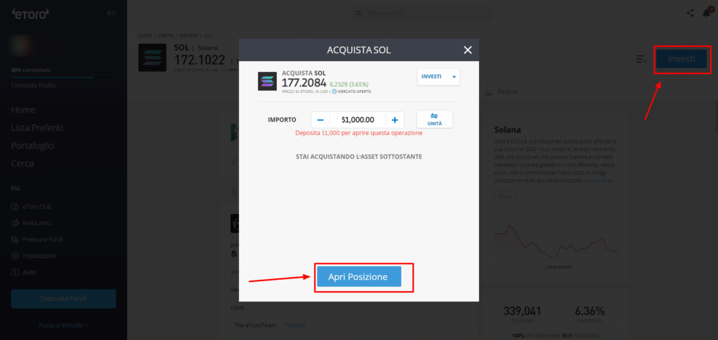 Screenshot della schermata per l'acquisto di Solana su eToro