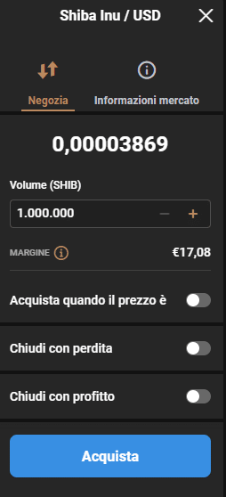 Screenshot della schermata di Capital.com per l'acquisto di Shiba Inu tramite CFD.