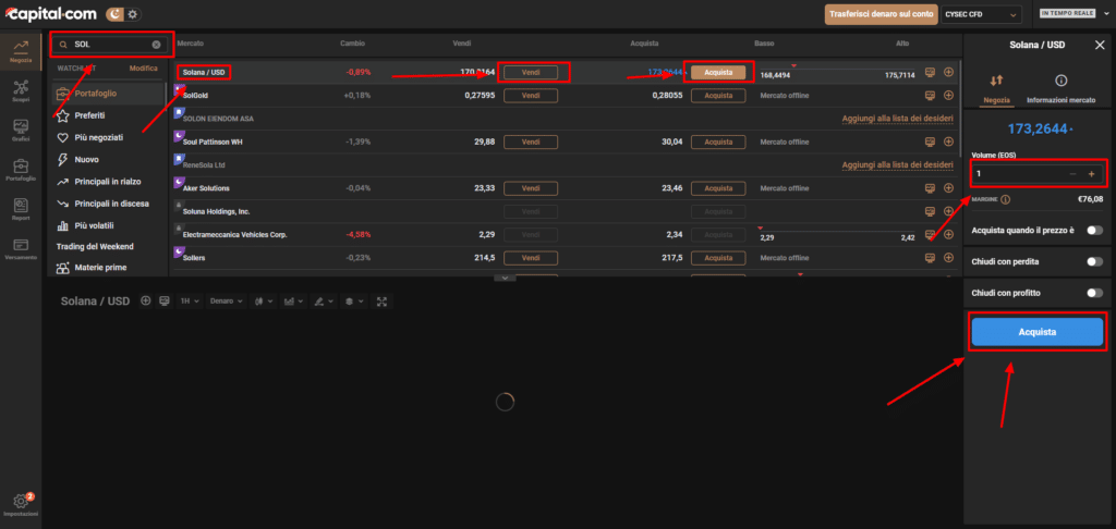 Screenshot della schermata per l'acquisto di Solana tramite CFD su Capital.com