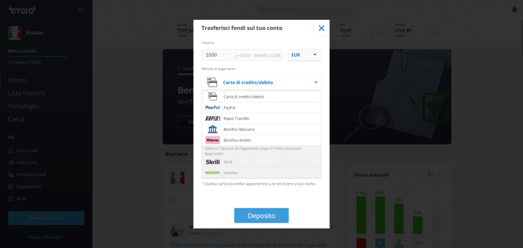 Screenshot di eToro della schermata per il trasferimento dei fondi.