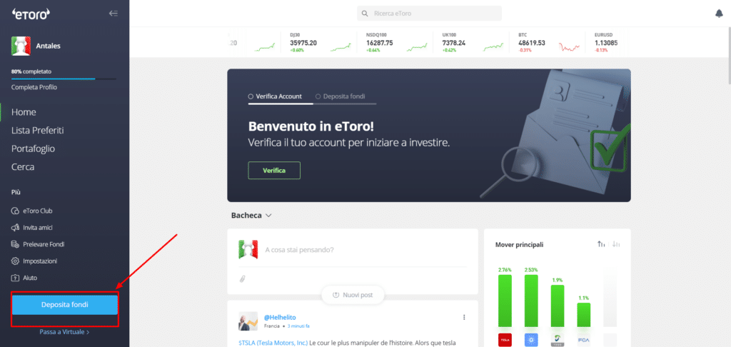 Screenshot della pagina principale di eToro.