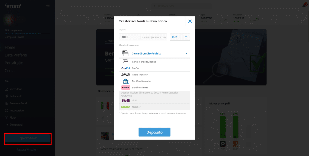 Screenshot della schermata per il deposito fondi su eToro