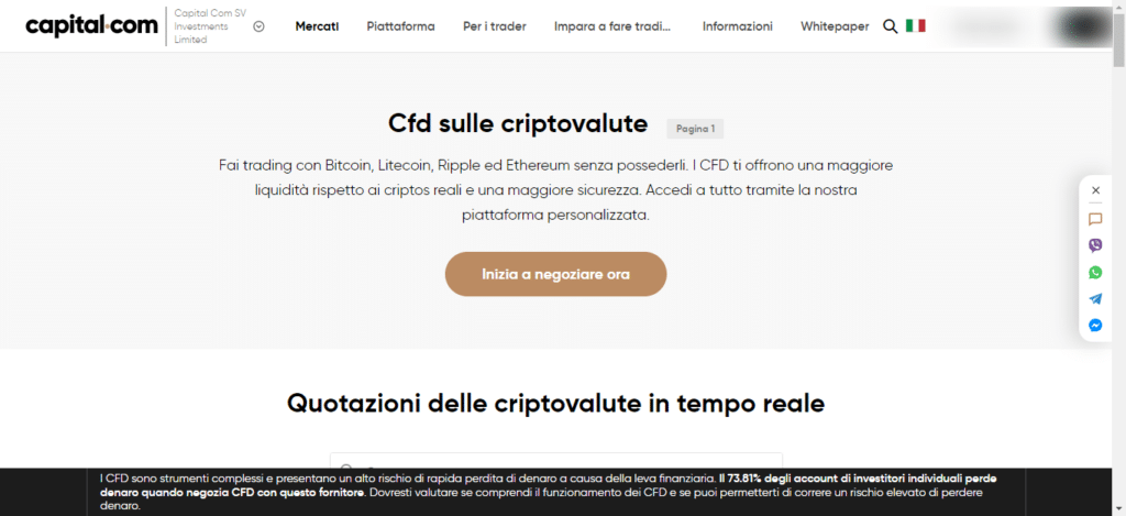 Screenshot tratto dal sito ufficiale di Capital.com che mostra la possibilità di poter acquistare CFD sulle criptovalute.