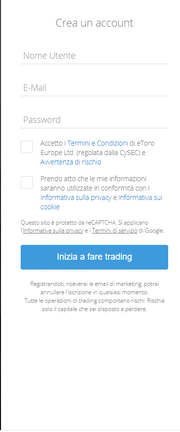 Screenshot della schermata di registrazione di eToro