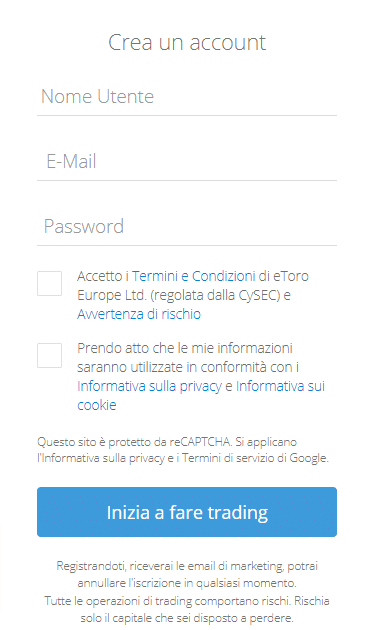 Screenshot che mostra la schermata di registrazione su eToro