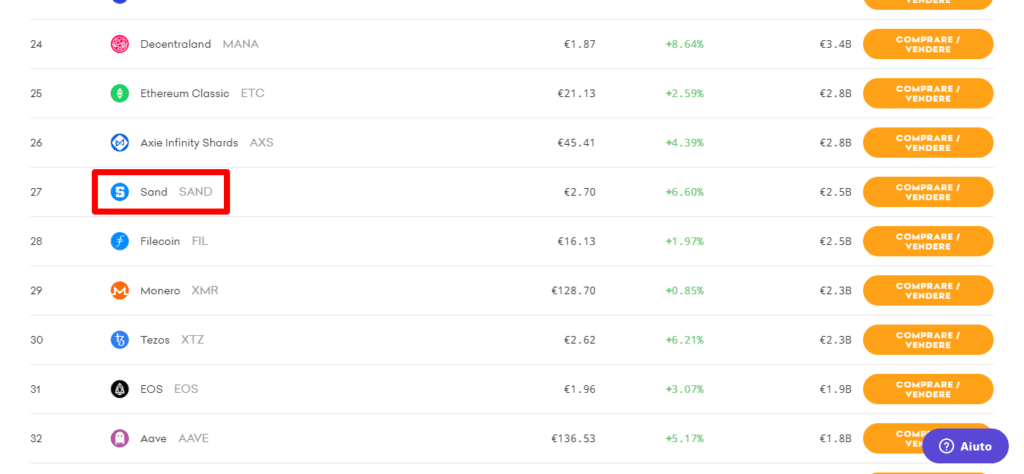Screenshot del sito di Kraken che mostra com'è possibile acquistare SAND oltre che molte altre criptovalute