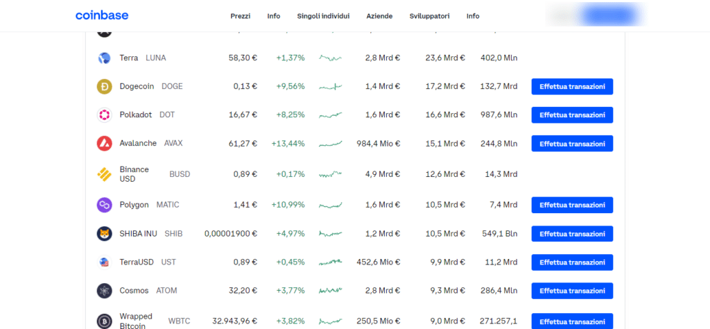 Screenshot del sito di Coinbase che mostra le criptovalute che è possibile acquistare