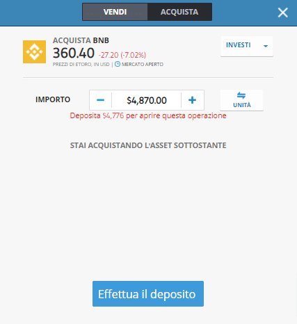 Screenshot della schermata per l'acquisto di Binance coin (BNB) sulla piattaforma di trading eToro.