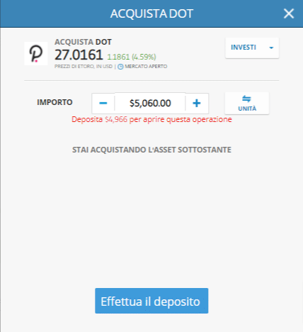 Screenshot che mostra la schermata di acquisto di Polkadot su eToro