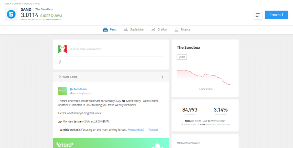 Screenshot della schermata principale di The Sandbox su eToro.