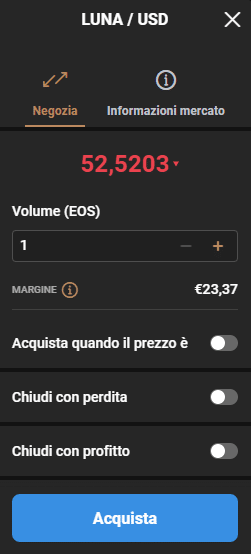 Screenshot della schermata per l'acquisto di LUNA/USD su Capital.com