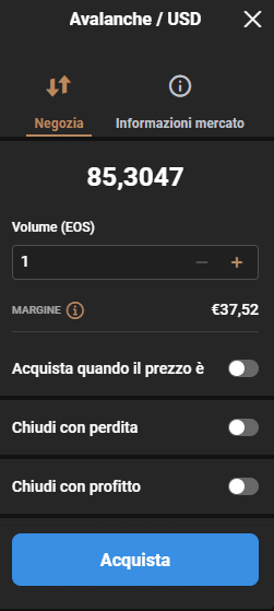 Screenshot della schermata per l'acquisto di Avalanche (AVAX) su Capital.com