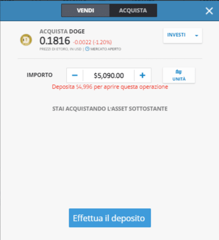 Screenshot che mostra la schermata di acquisto di Dogecoin su eToro.