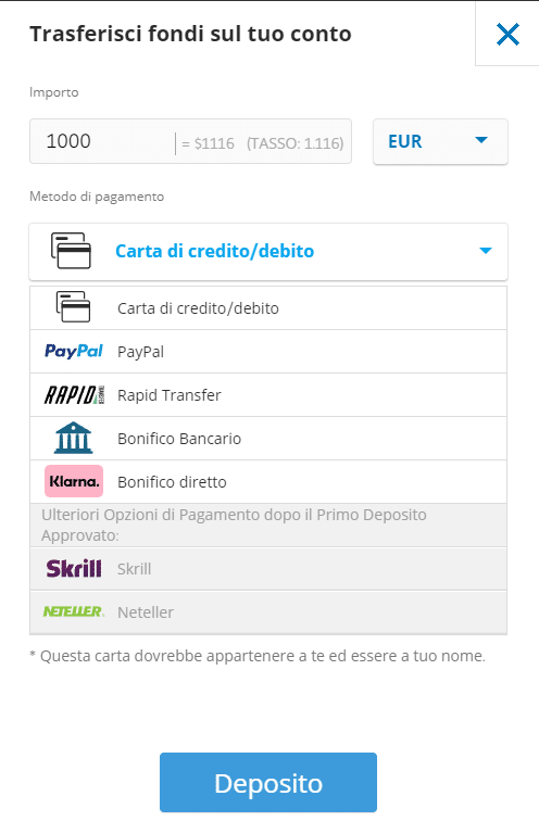 Screenshot della schermata per il deposito fondi su eToro