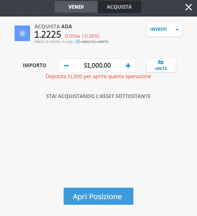 Screenshot della scremata per l'ordine di ADA su eToro