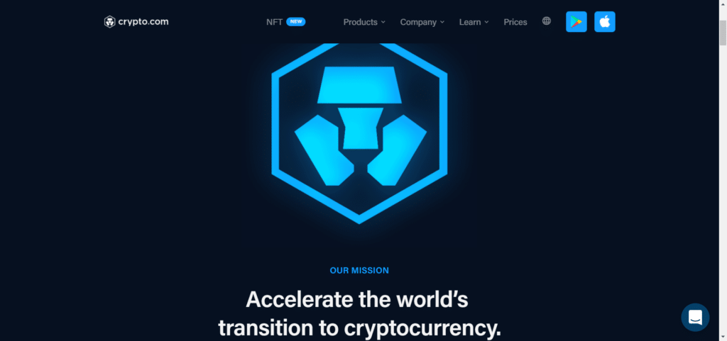 Screenshot tratto dal sito ufficiale di Crypto.com che mostra come l'obiettivo principale della piattaforma sia accelerare la transizione del mondo verso le criptovalute.