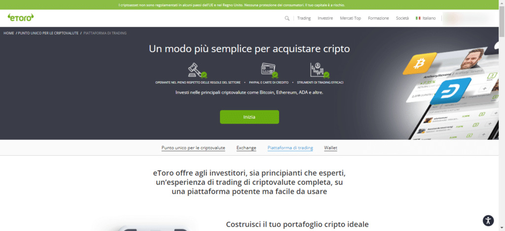 Screenshot della pagina ufficiale di eToro che mostra come acquistare criptovalute e quali sono i vantaggi nel farlo su eToro.