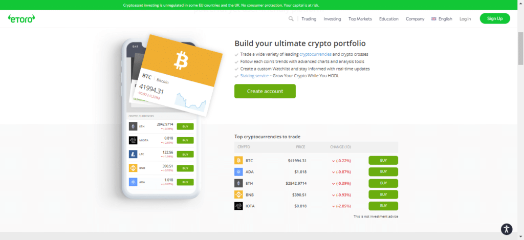 Screenshot del sito ufficiale di eToro che mostra alcune delle criptovalute disponibili sulla piattaforma.
