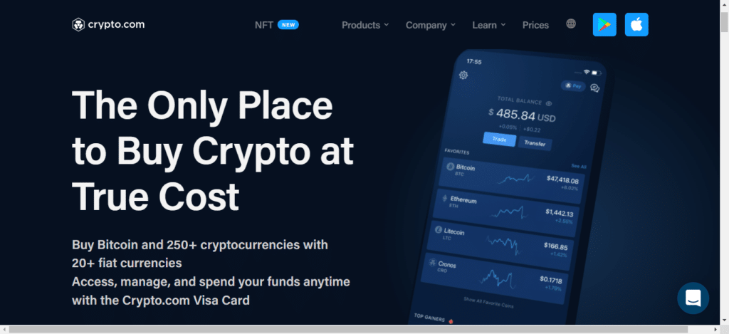 Screenshot della pagina ufficiale di Crypto.com che mostra come è possibile acquistare più di 250 criptovalute tramite l'app di Crypto.com.