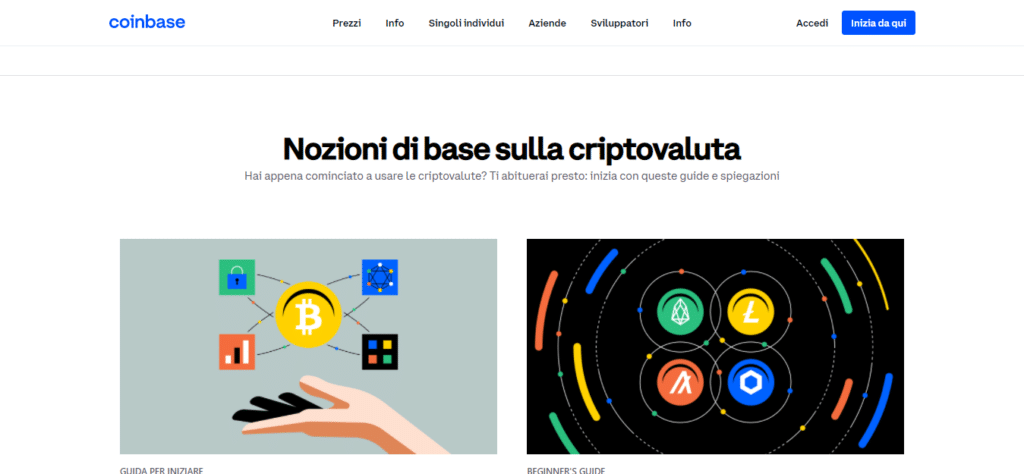 Screenshot del sito ufficiale di Coinbase che mostra alcune delle risorse educazionali disponibili sulla piattaforma.