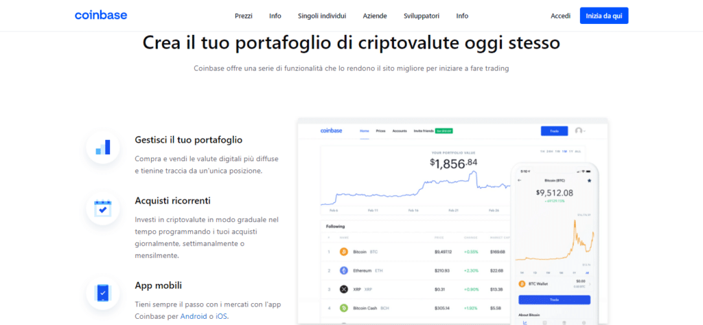 Screenshot tratto dal sito ufficiale di Coinbase che mostra le funzionalità offerte dalla piattaforma.