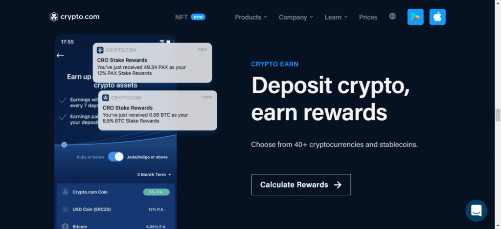 Screenshot della pagina ufficiale di Crypto.com che mostra la possibilità di poter ottenere interessi passivi tramite lo staking.