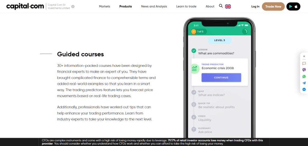 Screenshot tratto dal sito ufficiale di Capital.com che mostra la possibilità di seguire dei corsi di trading sulla piattaforma.