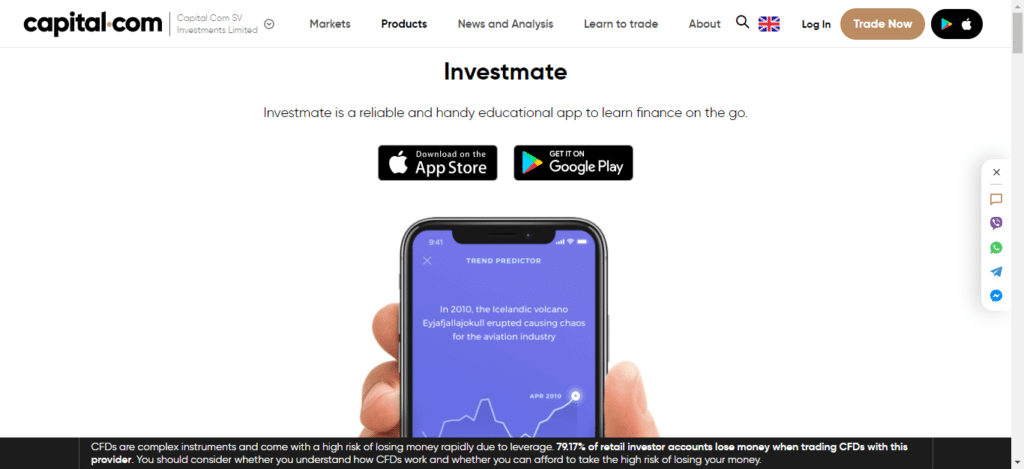 Screenshot del sito ufficiale di Capital.com che mostra le funzionalità dell'applicazione Investmate.