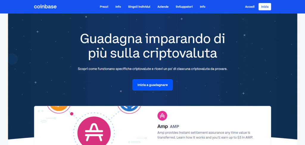 Screenshot tratto dal sito ufficiale di Coinbase che mostra la possibilità di poter guadagnare imparando di più sulle criptovalute