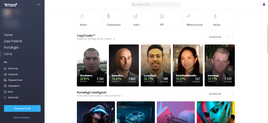 Screenshot della pagina di eToro che mostra la possibilità di poter copiare altri traders.