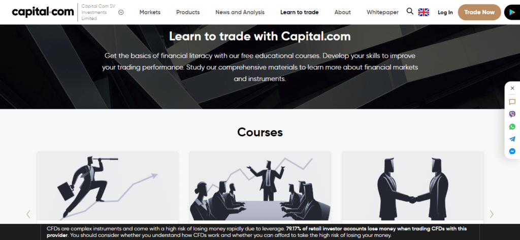 Screenshot del sito ufficiale di Capital.com che mostra la possibilità di svolgere corsi sulla piattaforma.