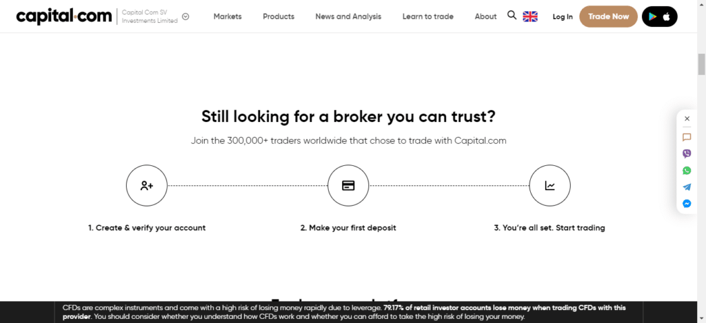 Screenshot dal sito ufficiale di Capital.com che mostra i passaggi da seguire per la registrazione sulla piattaforma.