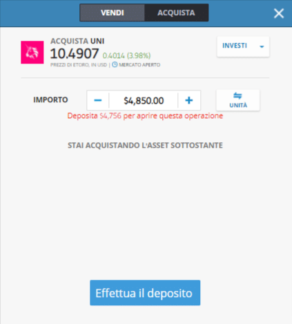 Screenshot della schermata per l'acquisto di Uniswap (UNI) su eToro.