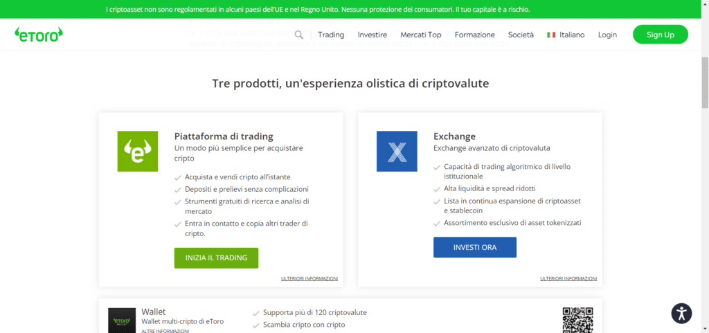 Immagine tratta dal sito ufficiale di eToro che mostra come la possibilità di utilizzare sia la piattaforma di trading che l'exchange di criptovalute di eToro.