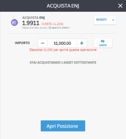 Screenshot della schermata di eTorto per l'acquisto di Enjin Coin (ENJ)